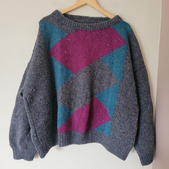 Vintage Sweaters - Vintage Handmade Knit Grey Wool Oversized Sweater with Geometric Design